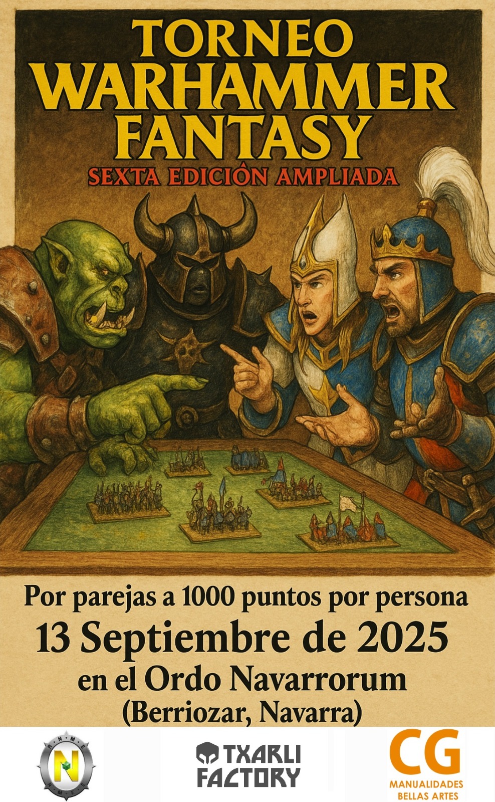 Cartel del primer torneo de warhammer fantasy ordo navarrorum por parejas en septiembre de 2025
